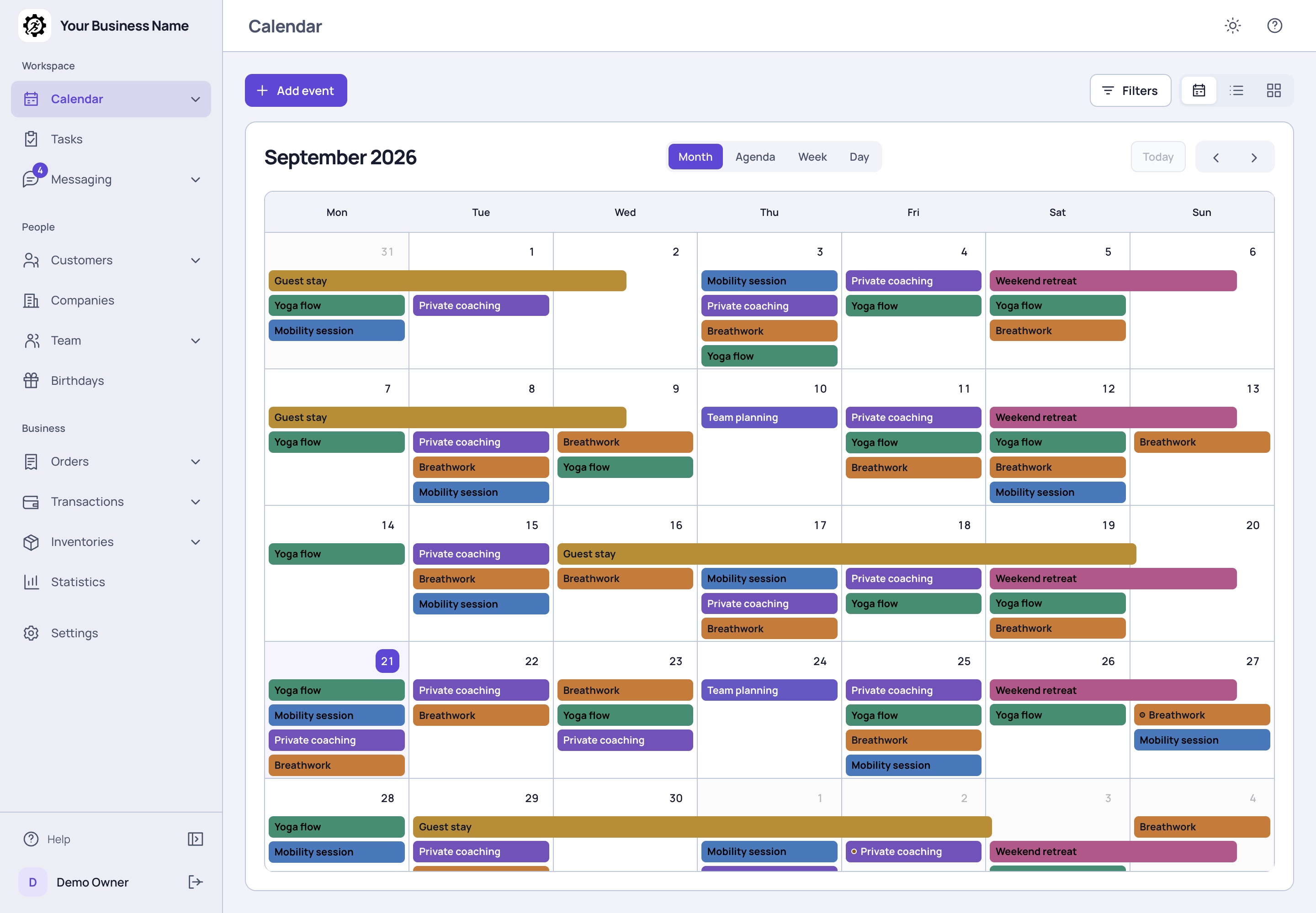 ActiveCRM calendar product preview with sample bookings