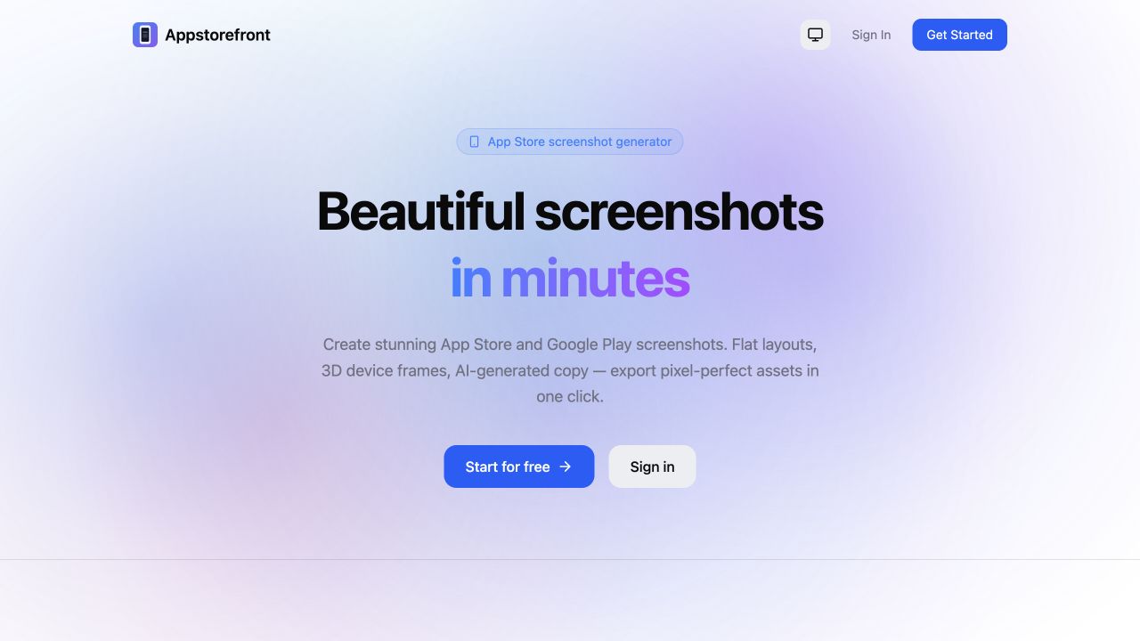 Appstorefront website introducing its App Store screenshot generator